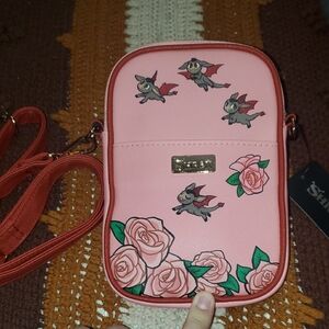 Pink Crossbody Bag with Bat and Rose Design